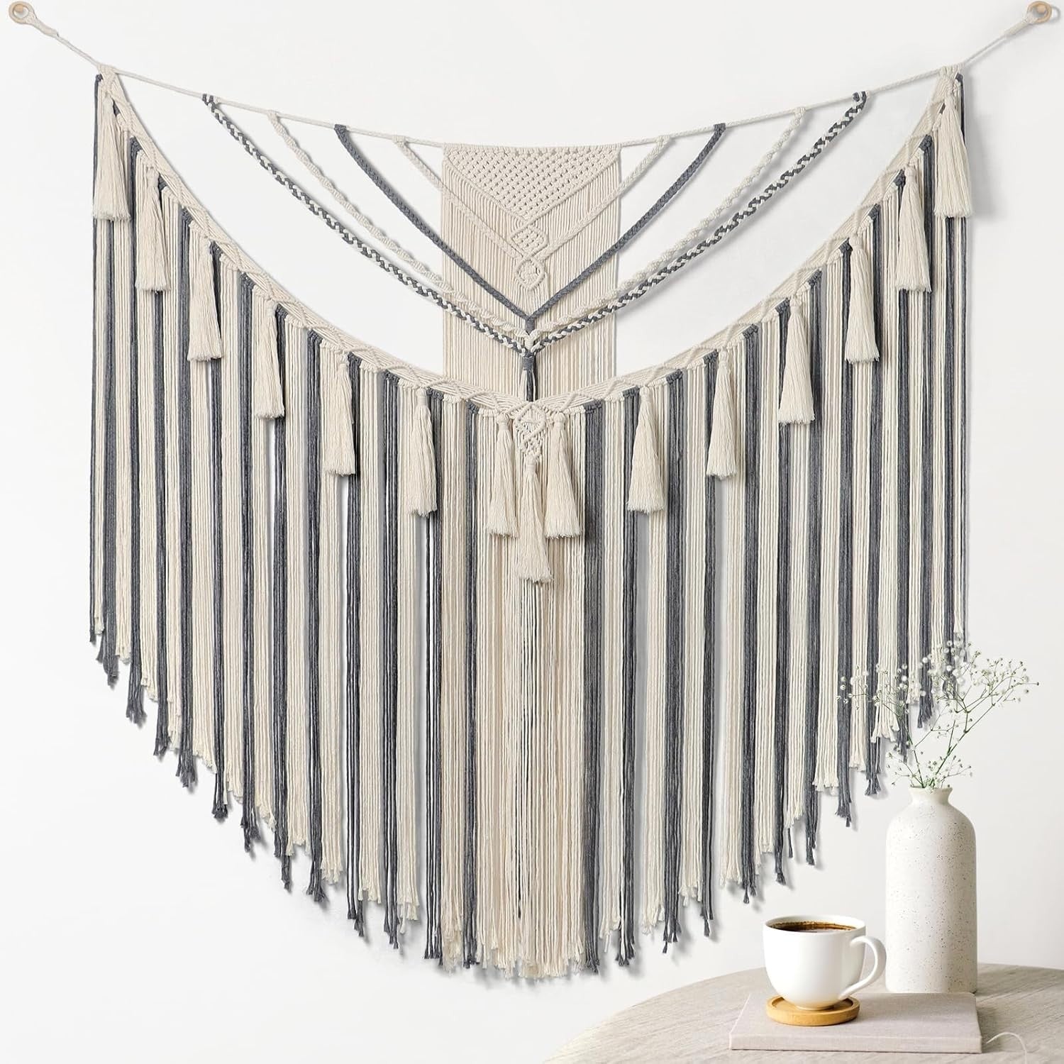 Large Grey Boho Macrame Wall Hanging 43"x35" Geometric Decor