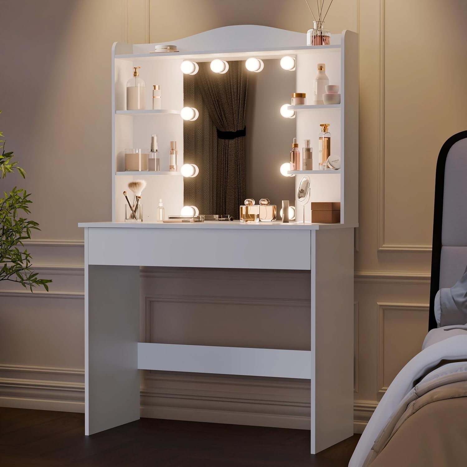 Modern White Dressing Table Vanity Mirror 10 LED Lights Storage Drawer & Shelves