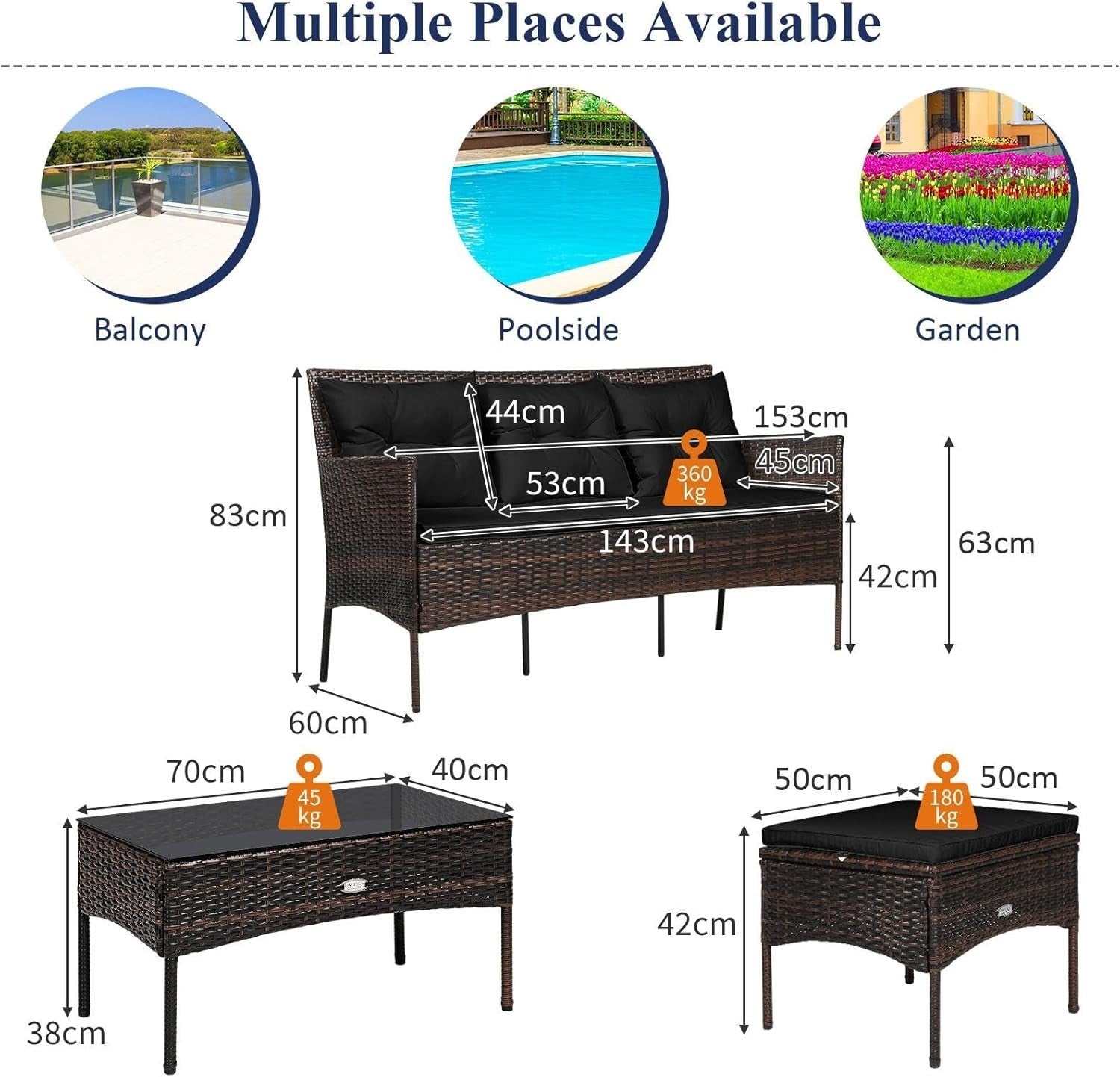 Black Rattan Corner Garden Sofa Set 4 Seater Patio Lounge Table Stool