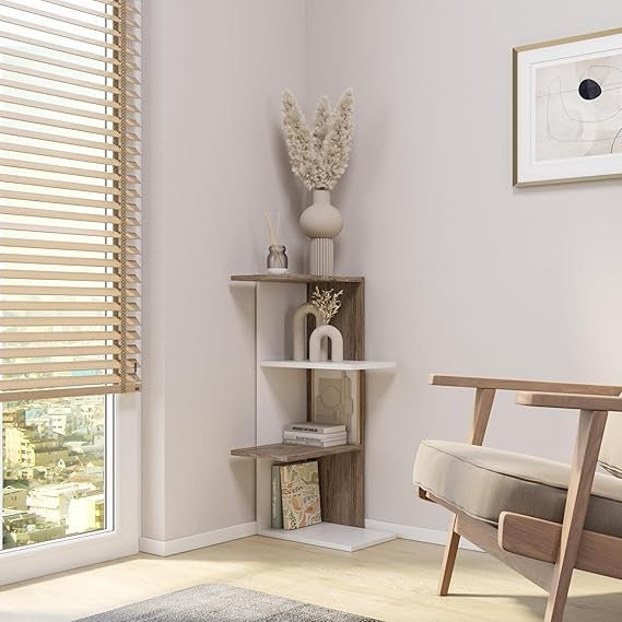 Modern 3-Tier Corner Bookcase Grey Oak – Space-Saving Shelving Unit for Home