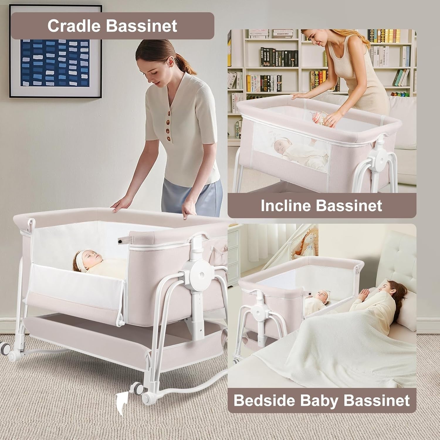 4 in 1 Baby Crib Bedside Cot with Wheels, Mosquito Net & Mattress Cream