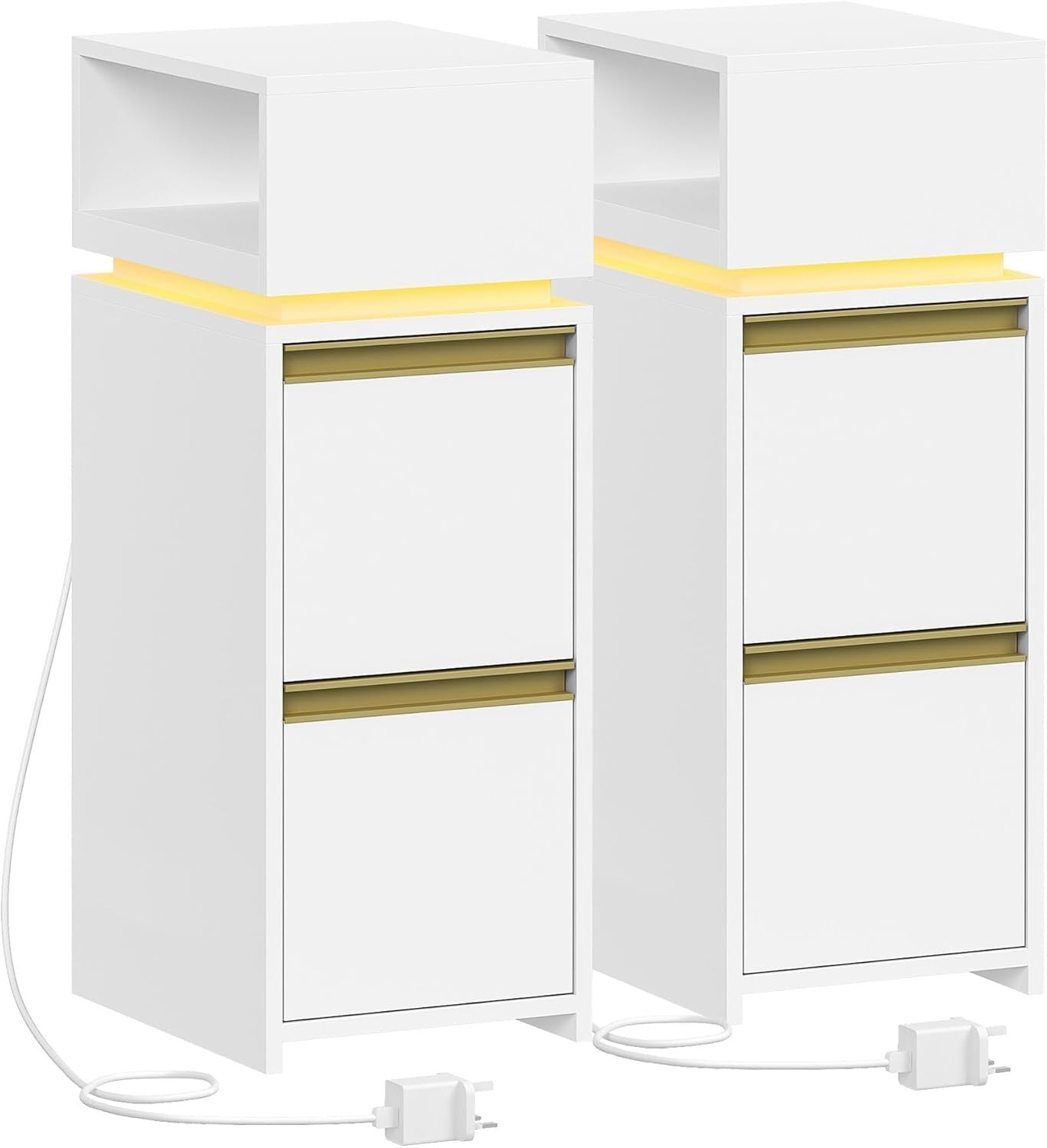 Modern LED Bedside Tables Set of 2 with Drawers & Open Shelf – Slim Nightstands
