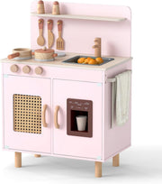Kids Wooden Play Kitchen w/ Ice Maker Sink Pink Toy Set