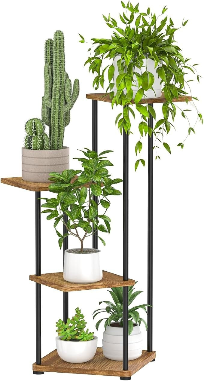 4 Tier Metal & Wood Tall Plant Stand Indoor Corner Flower Shelf Display Rack