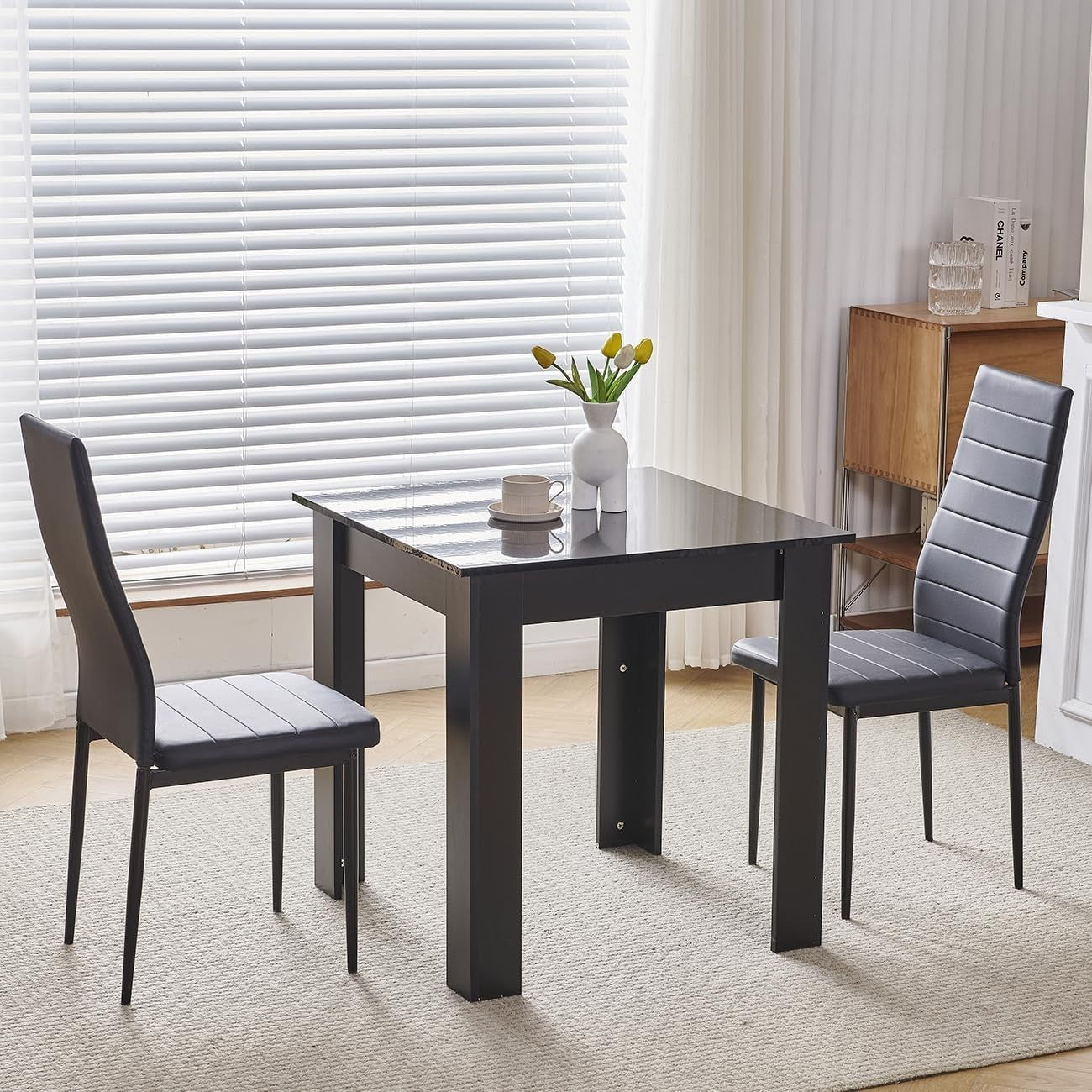 Space-Saving Black PU Chairs Square Wooden Table 3pc Compact Dining Set