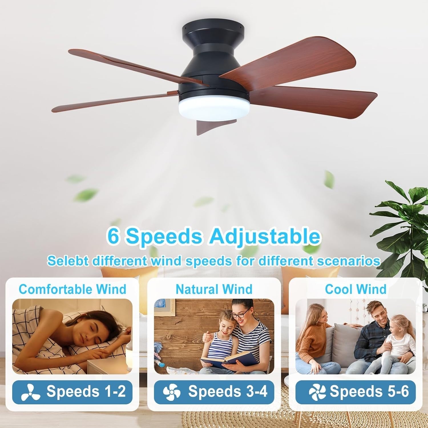 35-Inch Ceiling Fan with Light 5 Walnut Blades 6 Speeds Remote