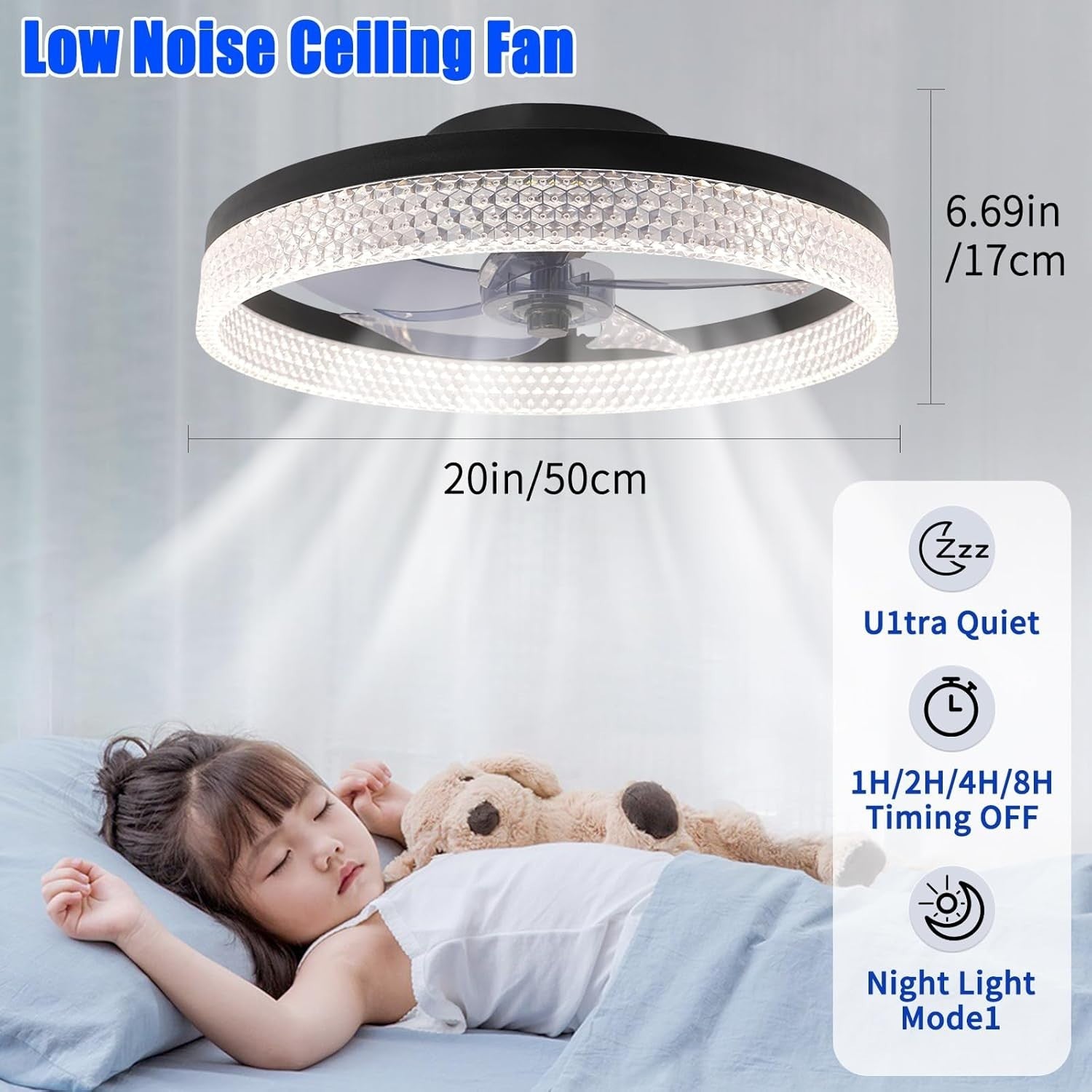 ZYDTRIP 19.7" Bladeless Ceiling Fan with LED Light, 6-Speed, Dimmable, Remote