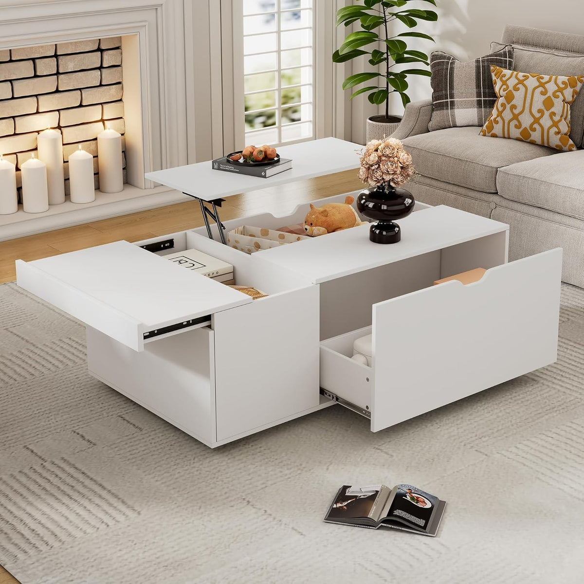 Lift-Top Coffee Table with Storage & Drawer, White 117x65x43cm