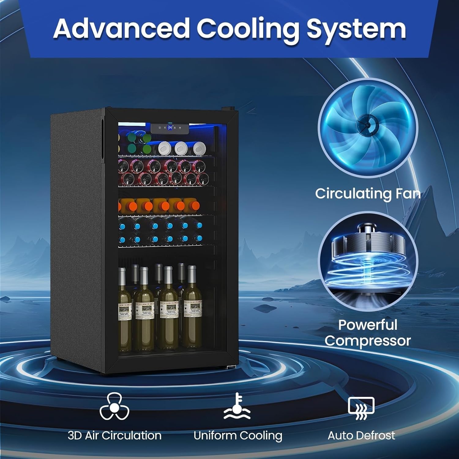 78L Mini Fridge Beverage Cooler 116 Can LED Glass Door Freestanding