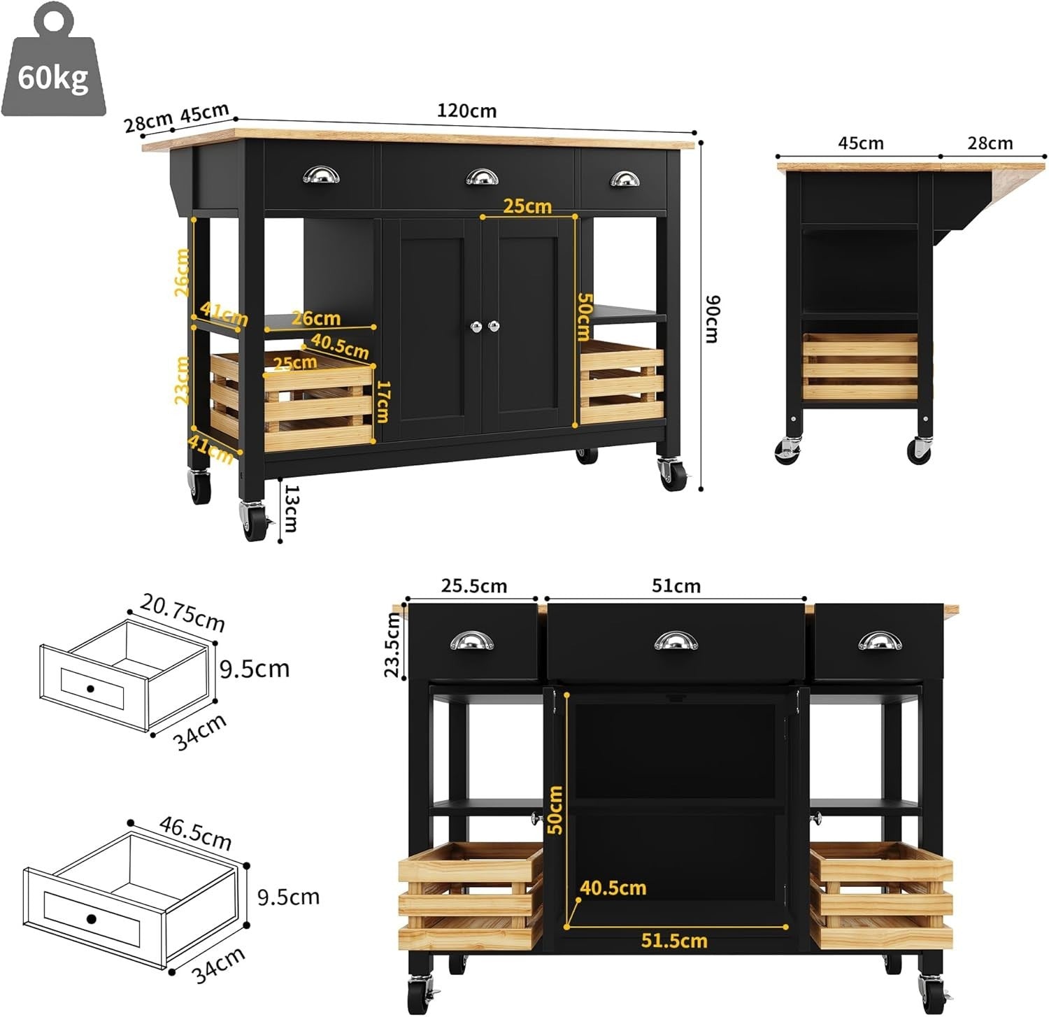 Kitchen Island on Wheels with Drawers, Wine Rack & Fold-Out Worktop