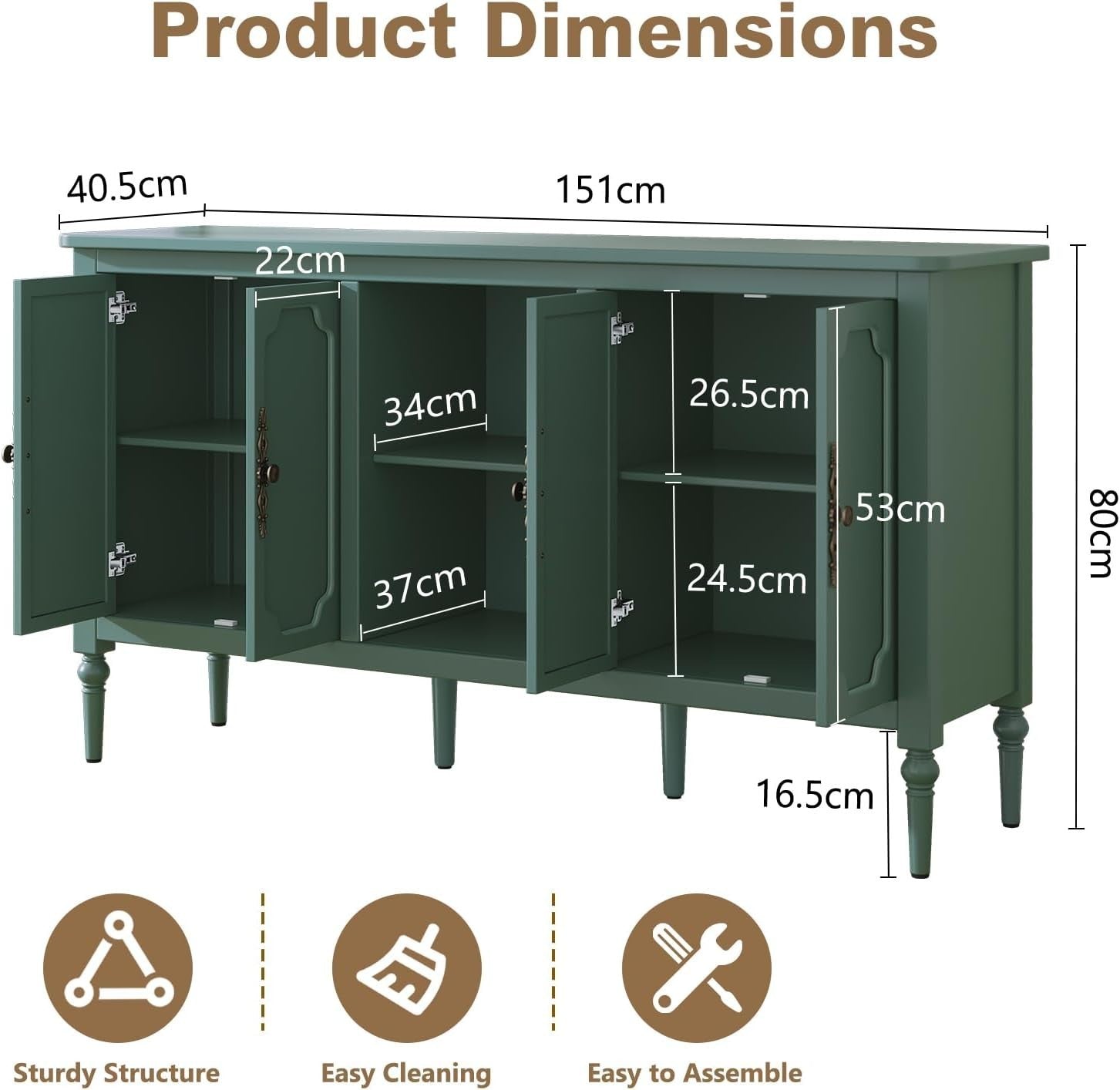 Green Wood Sideboard Cabinet 4 Door Gold Accent Buffet Storage Unit