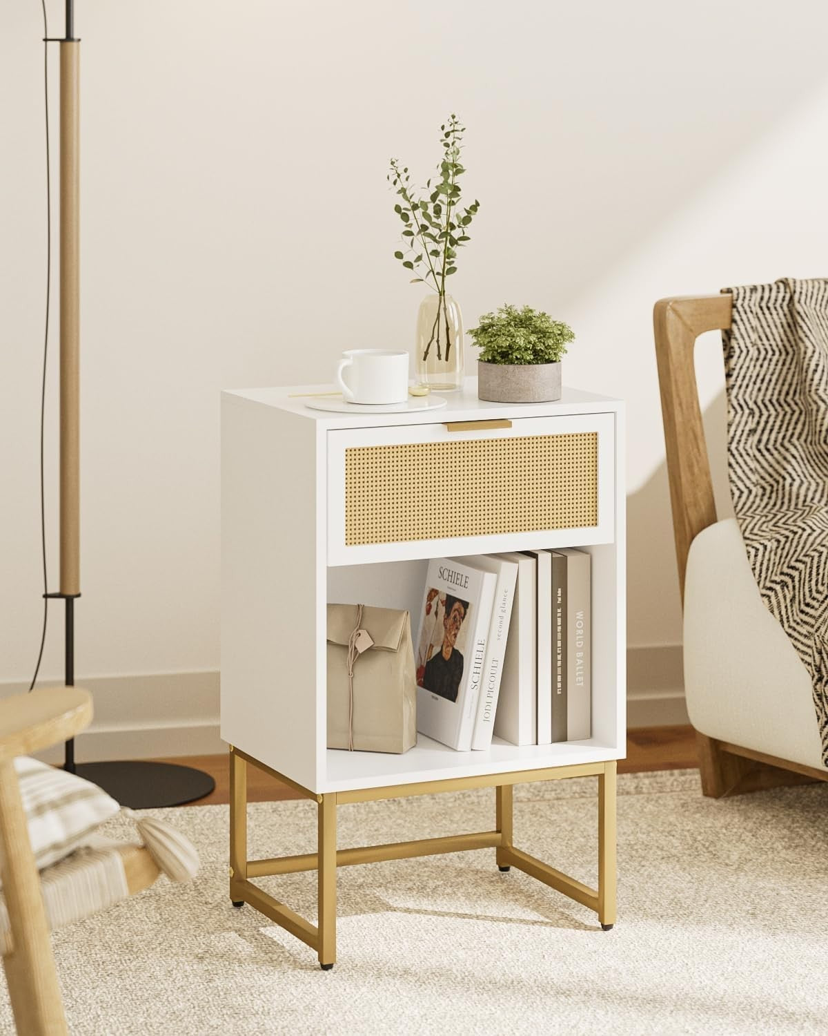 Modern White Rattan Bedside Table with Drawer & Shelf – Gold Metal Legs