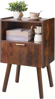 Rustic Brown Bedside Table with Drawer & Open Shelf – Modern 2-Tier Nightstand