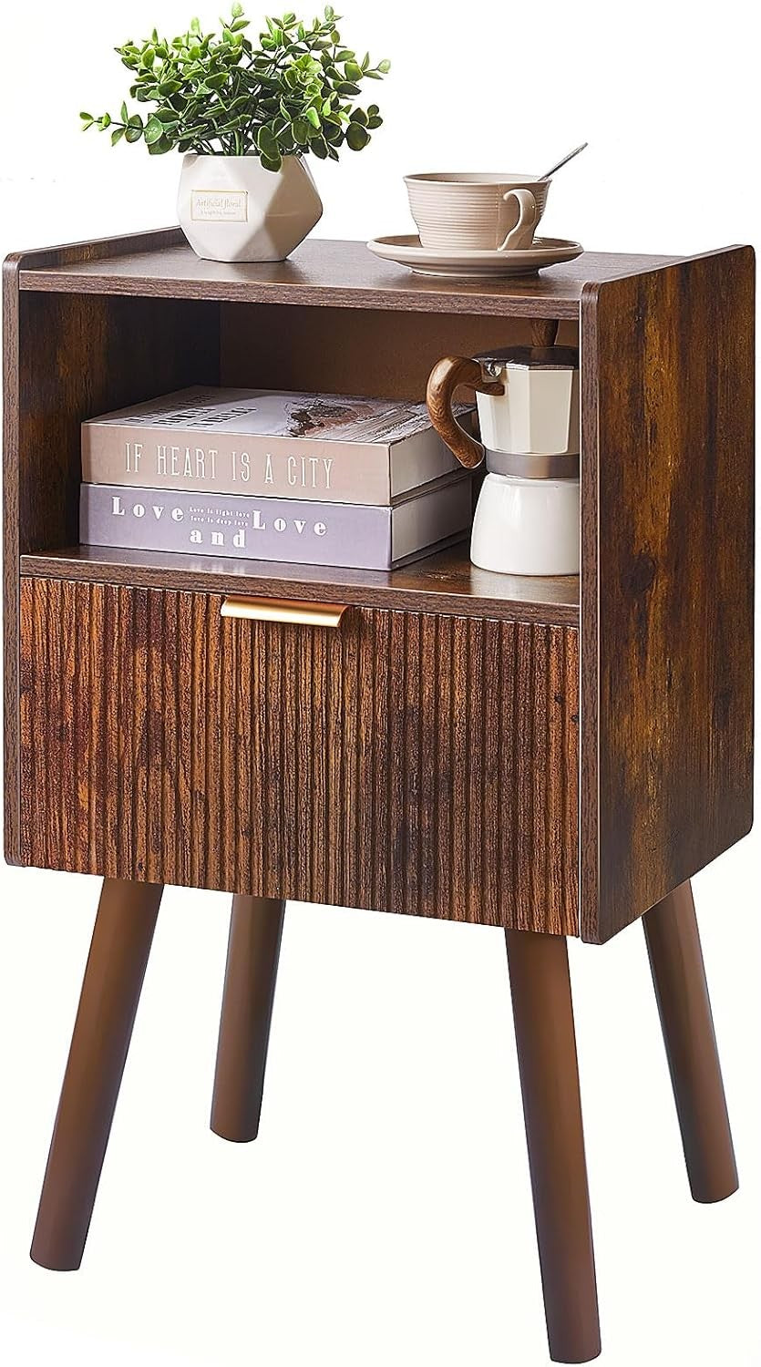 Rustic Brown Bedside Table with Drawer & Open Shelf – Modern 2-Tier Nightstand