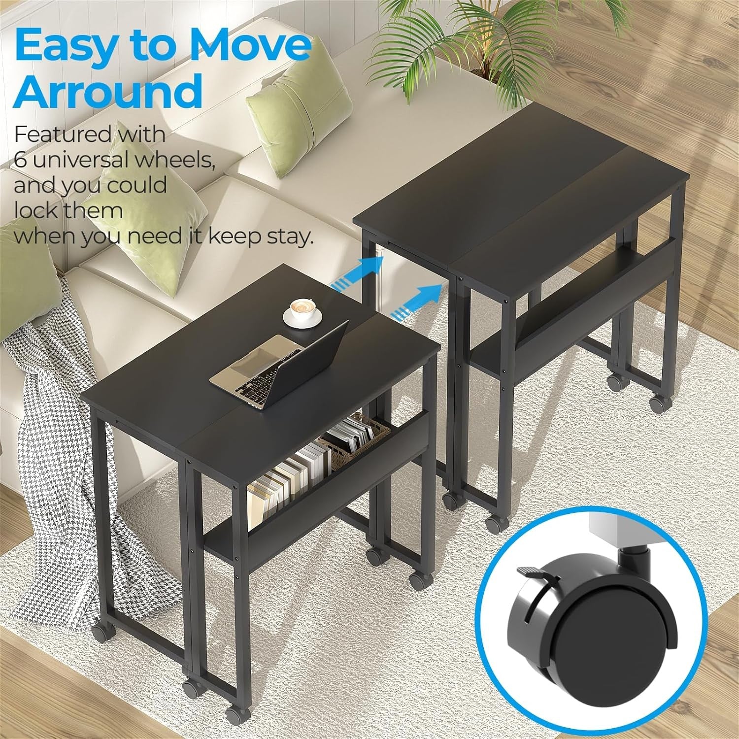 Compact Folding Computer Desk on Wheels with Storage Shelf Space Saving