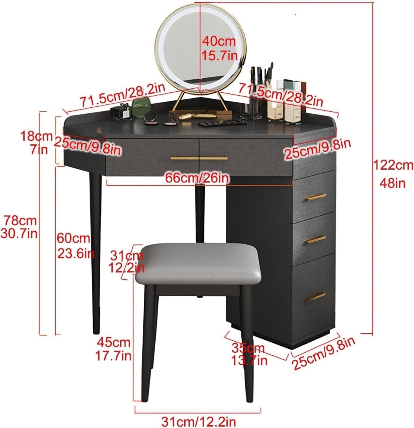 ZUMAHA Furniture Corner Design Vanity Desk, Dressing Table with 5 Drawers & LED