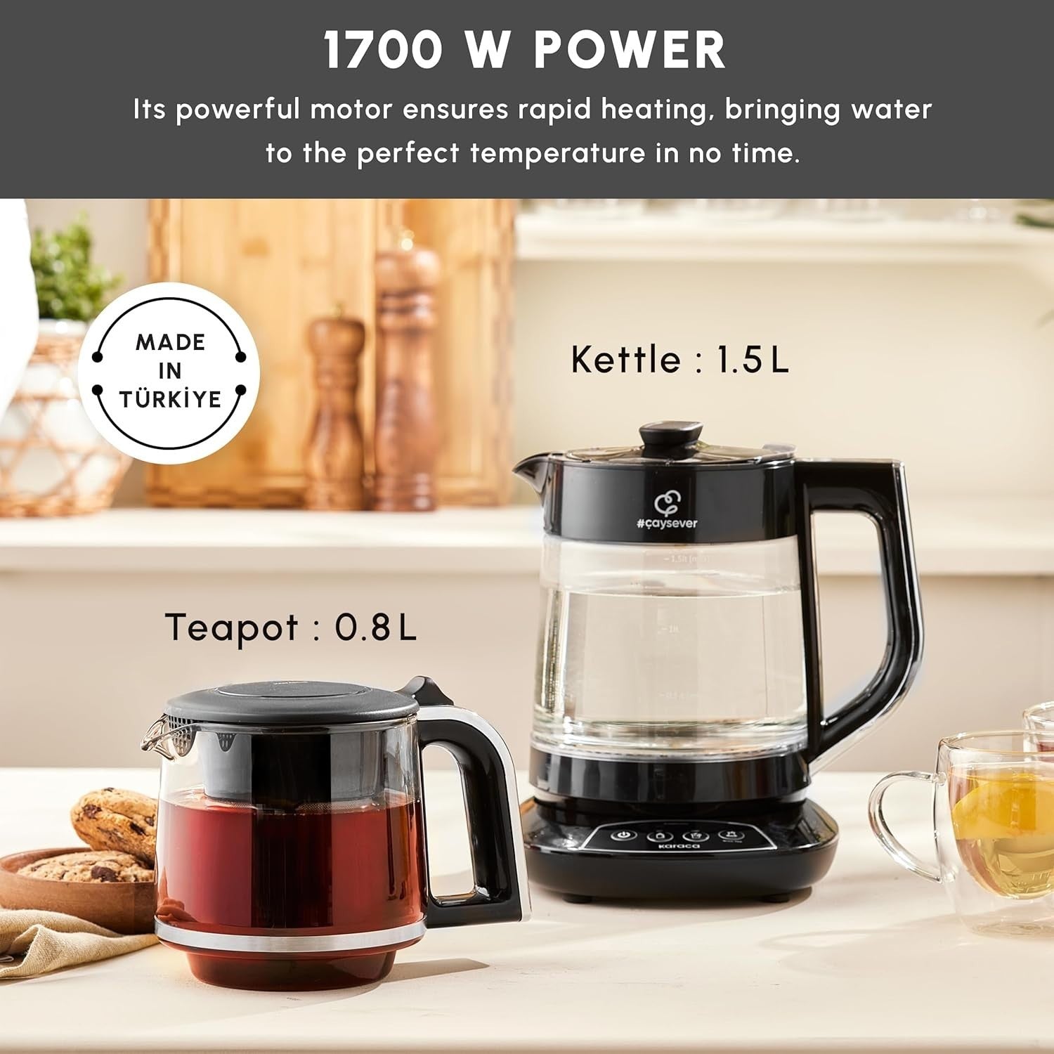 Smart Turkish Tea Maker 1.5L Kettle 0.8L Glass Teapot 1700W