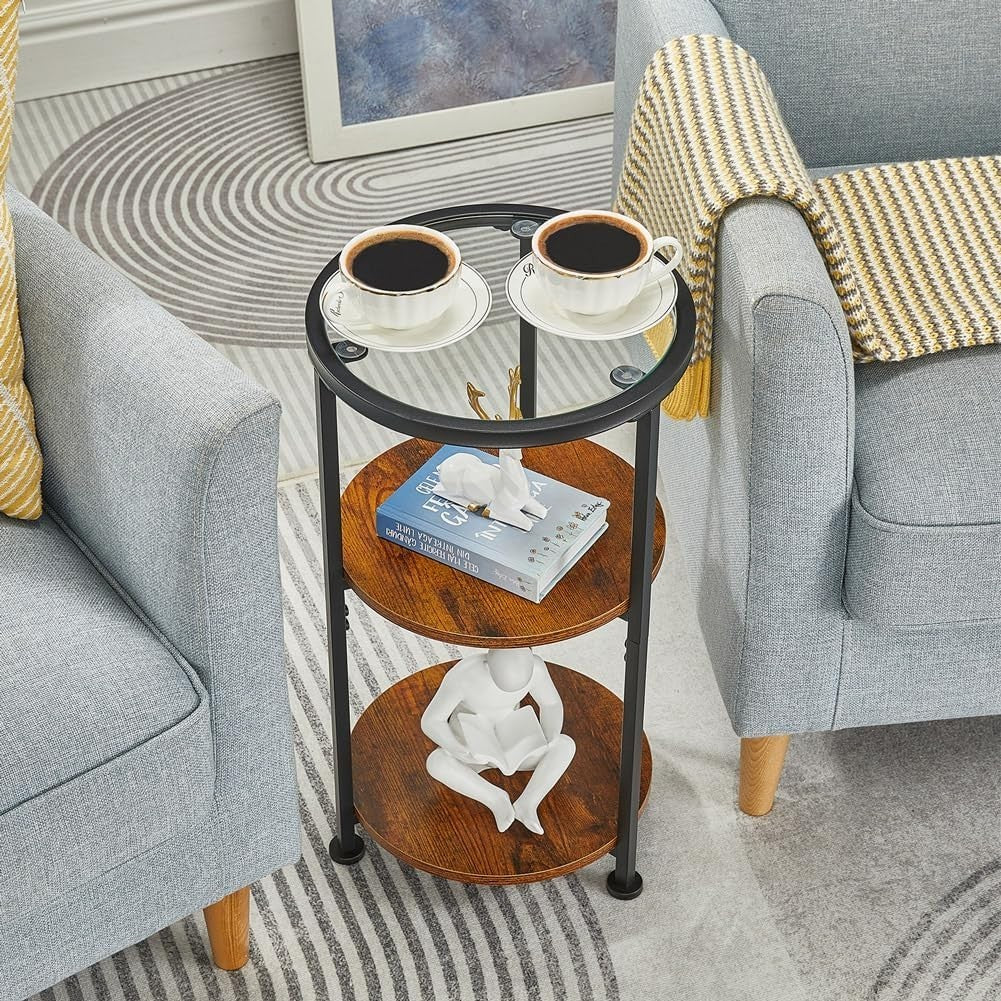 Modern Rustic Brown Round Side Table with Tempered Glass & 3-Tier Storage