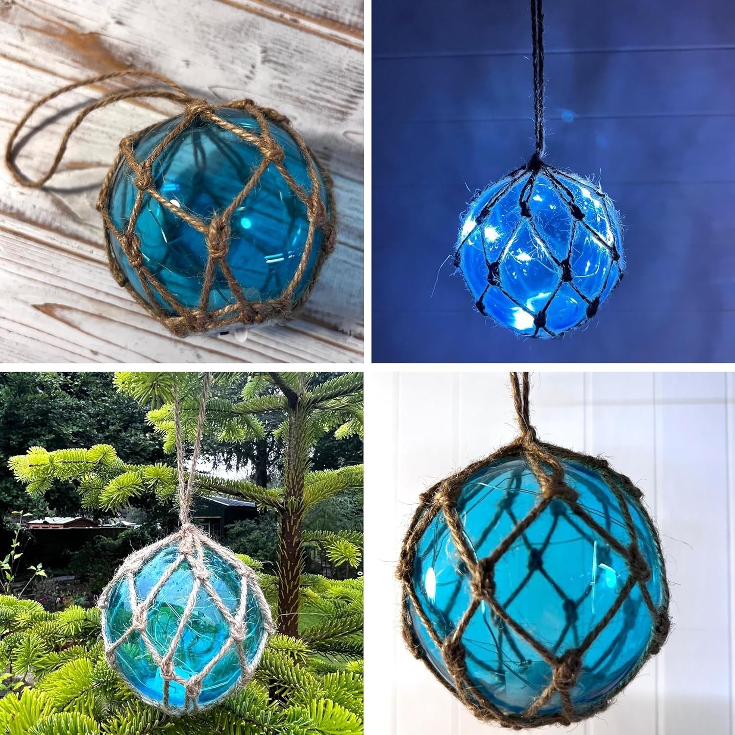 Turquoise Glass Fishing Buoy Light LED Nautical Decor Hanging Rope Beach Lamp