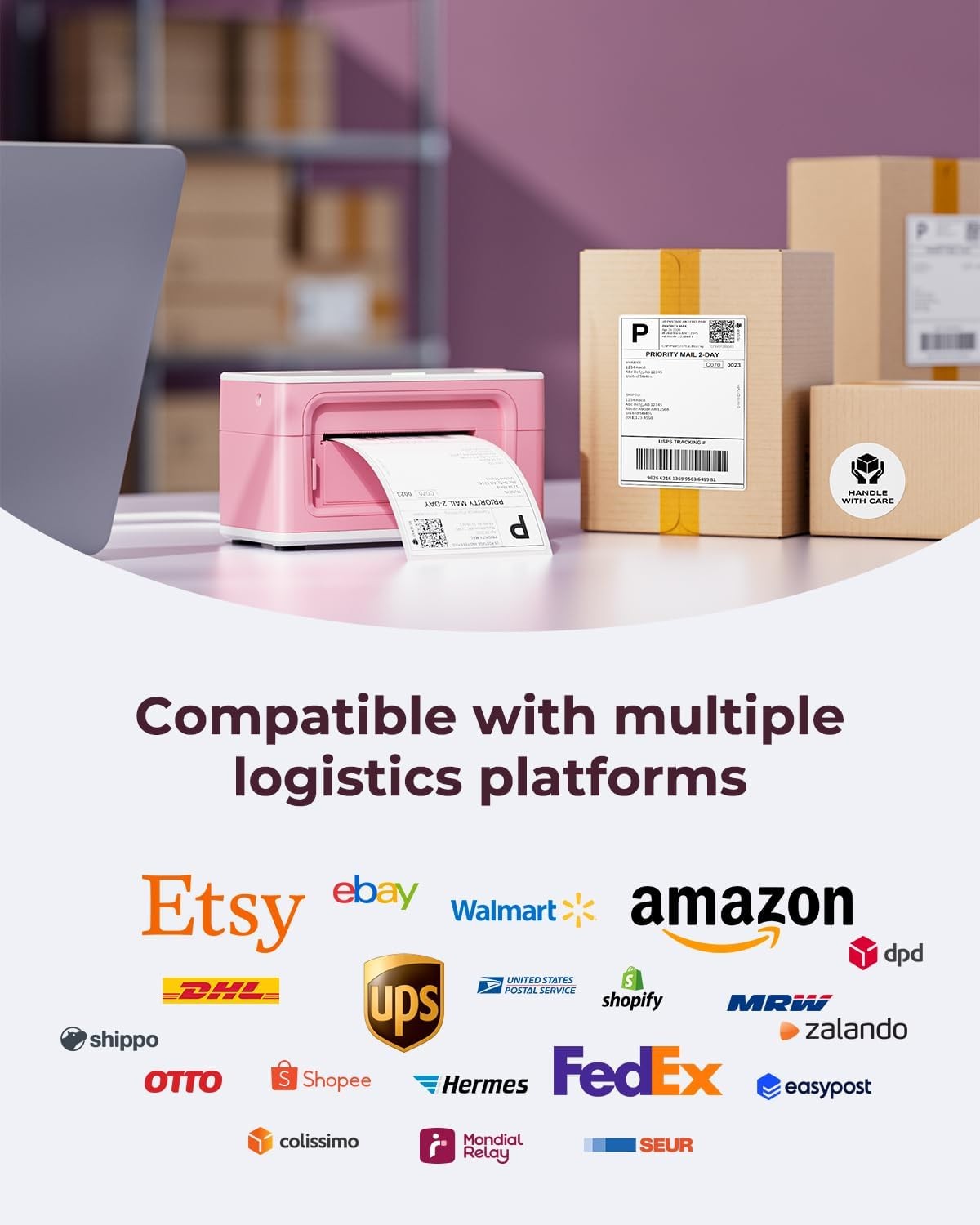 4x6 Bluetooth Thermal Label Printer 300DPI Shipping Pink