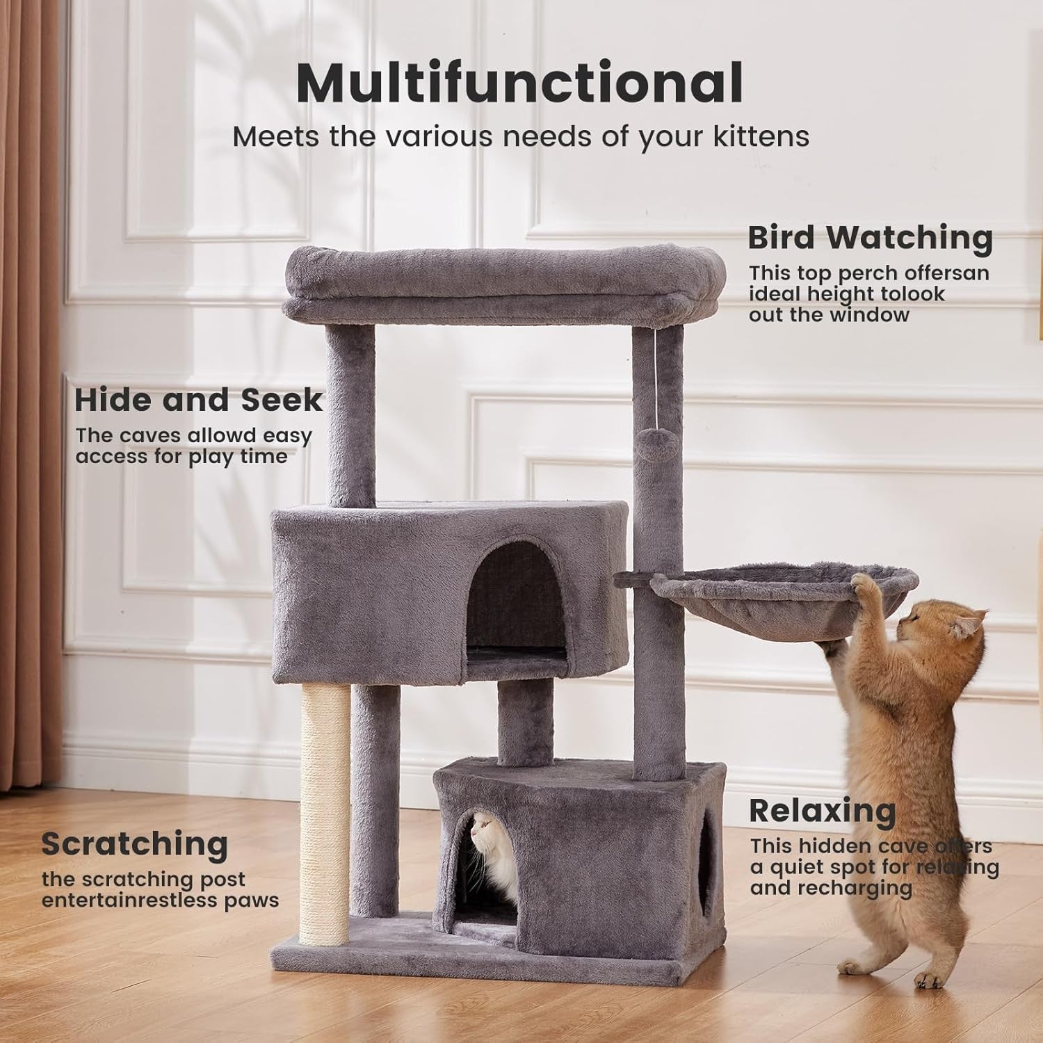Cat Tree Tower 105cm 4 Level Scratching Post Condo Hammock Play Centre