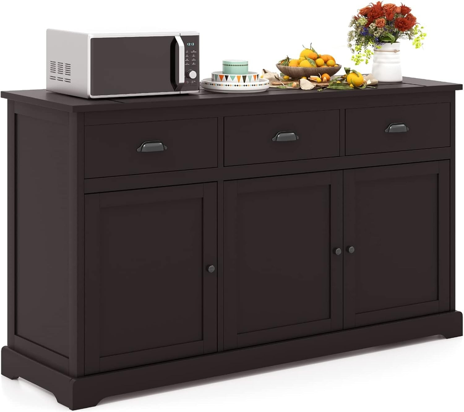 Dark Brown Sideboard Storage Cabinet with Drawers & Adjustable Shelf