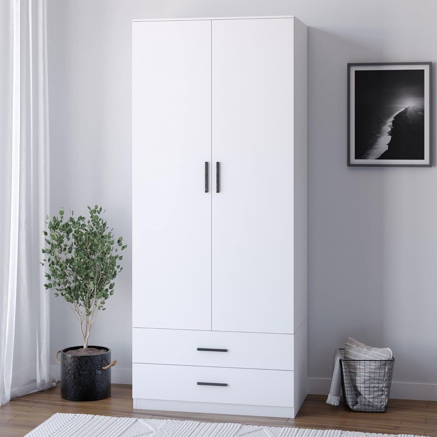 White 2 Door Wardrobe with Drawers Modern Bedroom Storage Cabinet