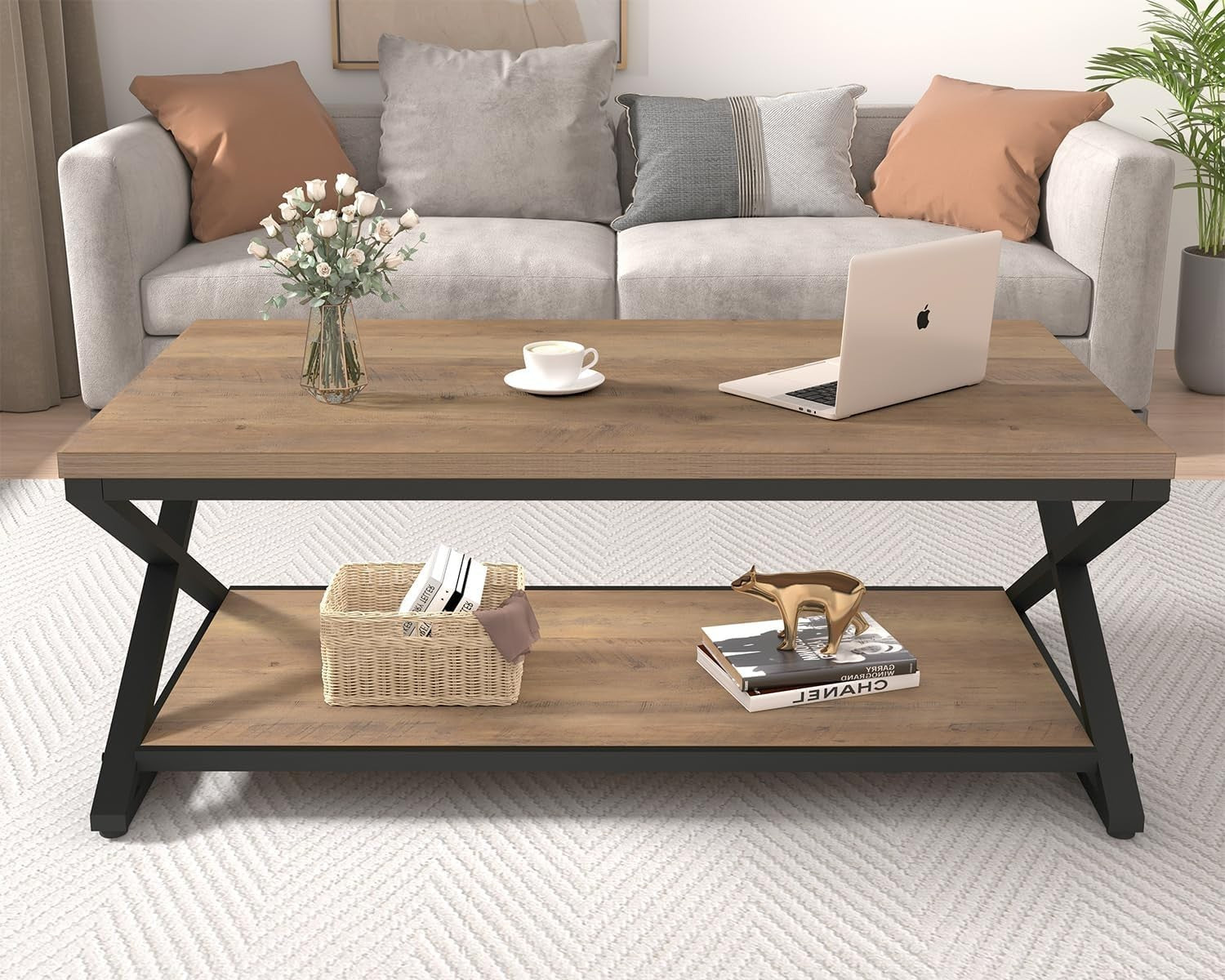Rustic Industrial Coffee Table 47" with Storage Shelf, Metal Frame, Durable