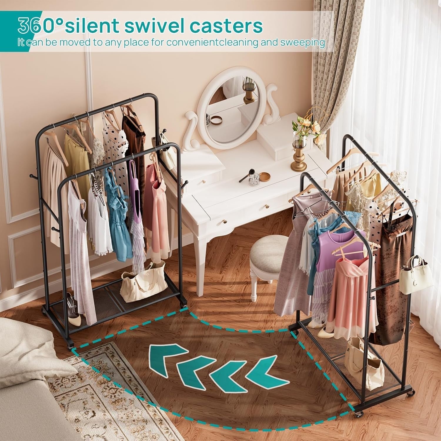 Heavy Duty Clothes Rail with Wheels & Shelf – Black 43×91×145cm