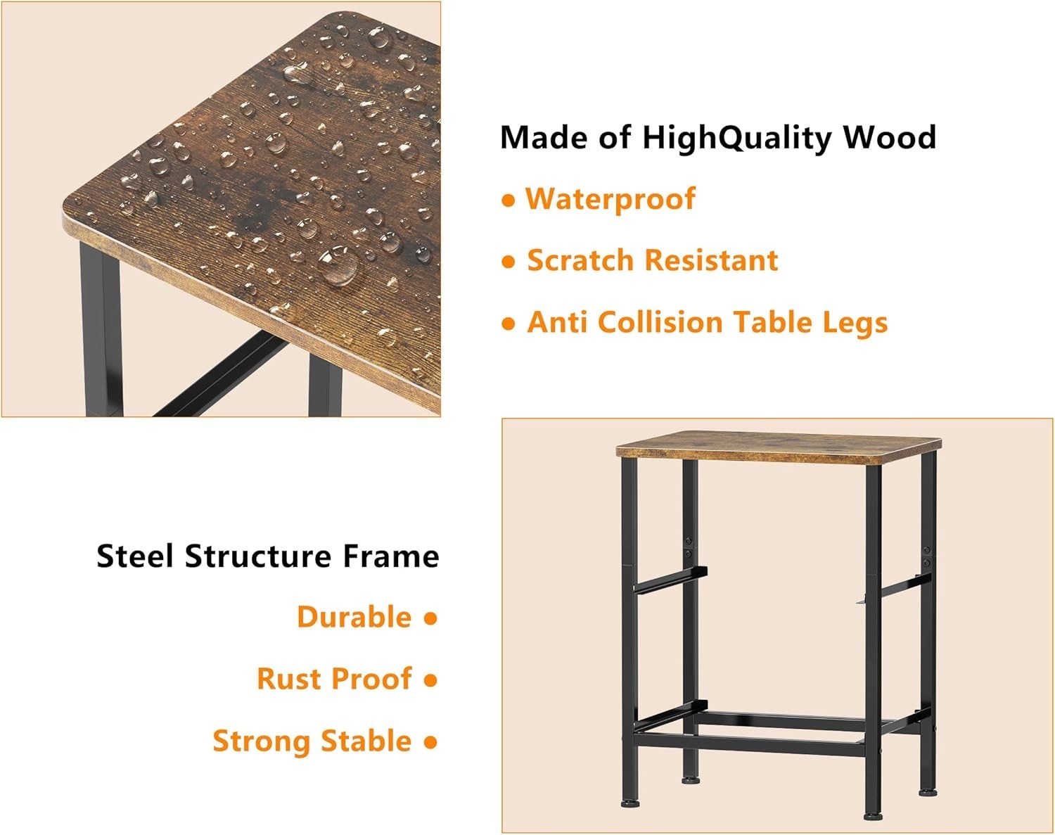 Set of 2 Rustic Brown Bedside Tables with Metal Frame & Fabric Drawers