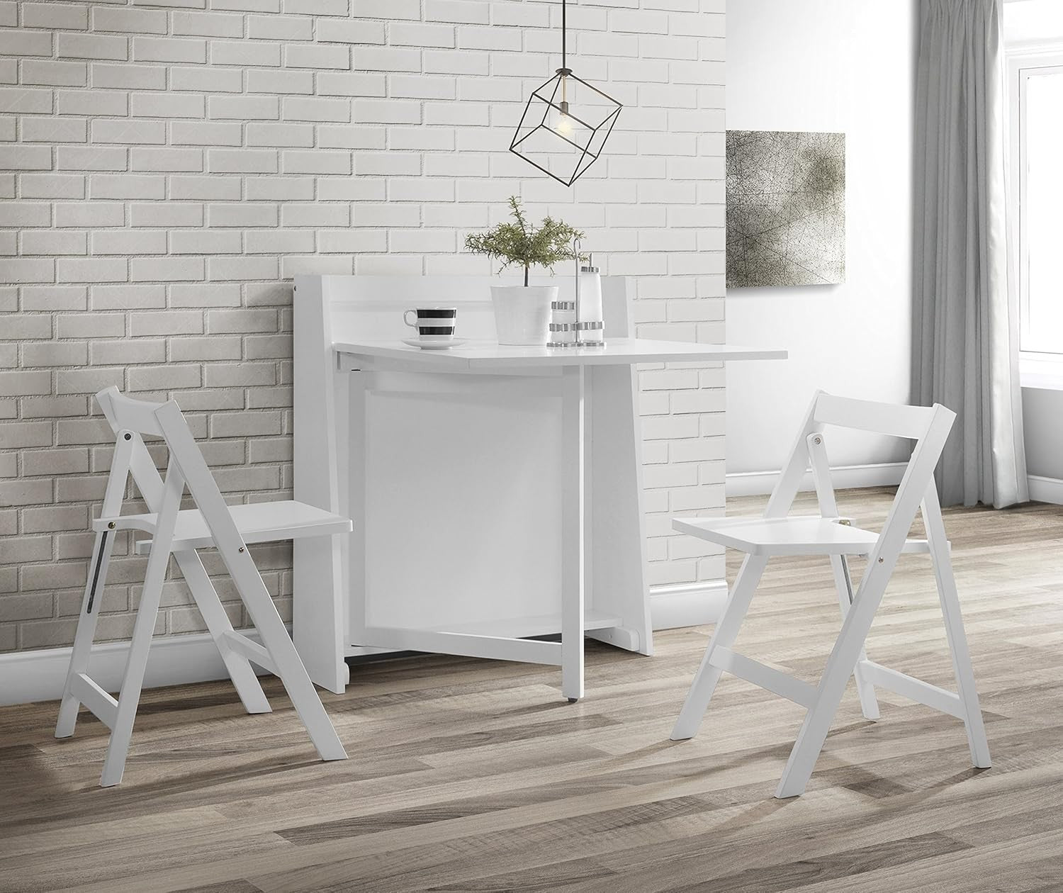 White Compact Folding Dining Set Space Saving Table and Chairs Modern