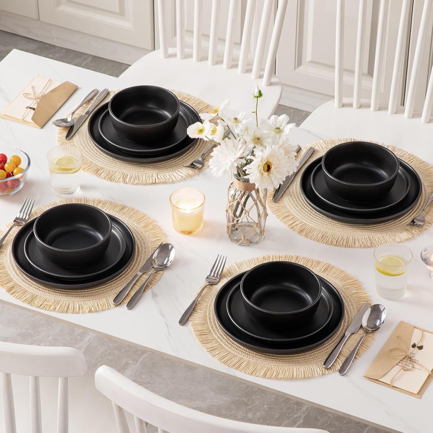 12pc Black Dinner Set Matte Glaze Plates Bowls Modern Microwave Safe