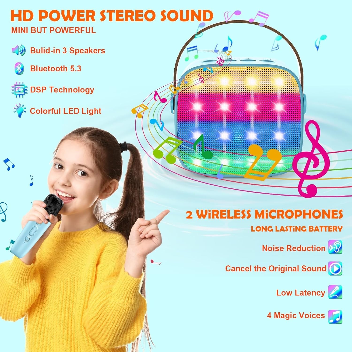 Portable Bluetooth Karaoke Machine 2 Wireless Mics Party Speaker