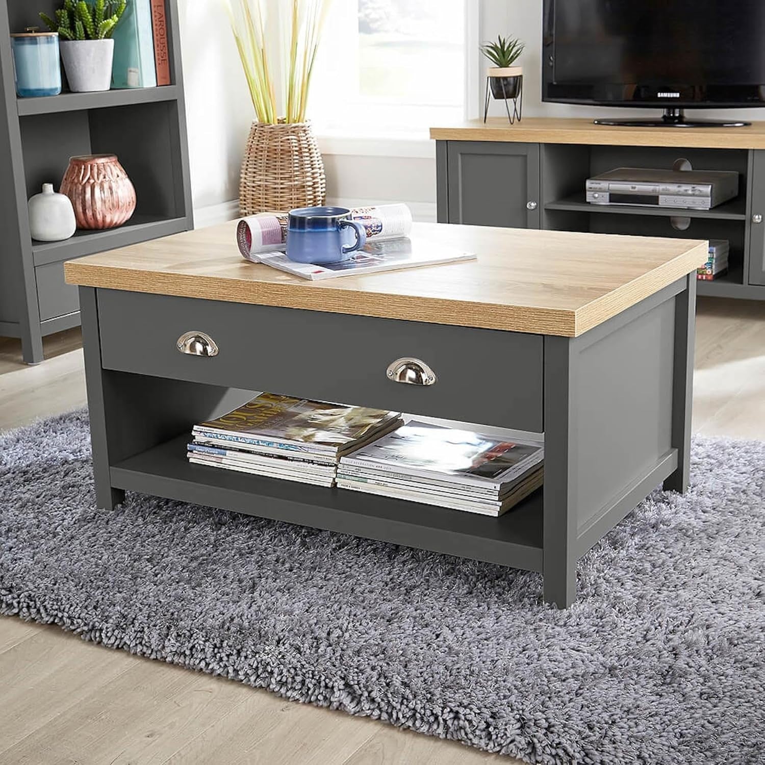 Modern Dark Grey Coffee Table with 2 Drawers Oak Effect 90x58x45cm Durable
