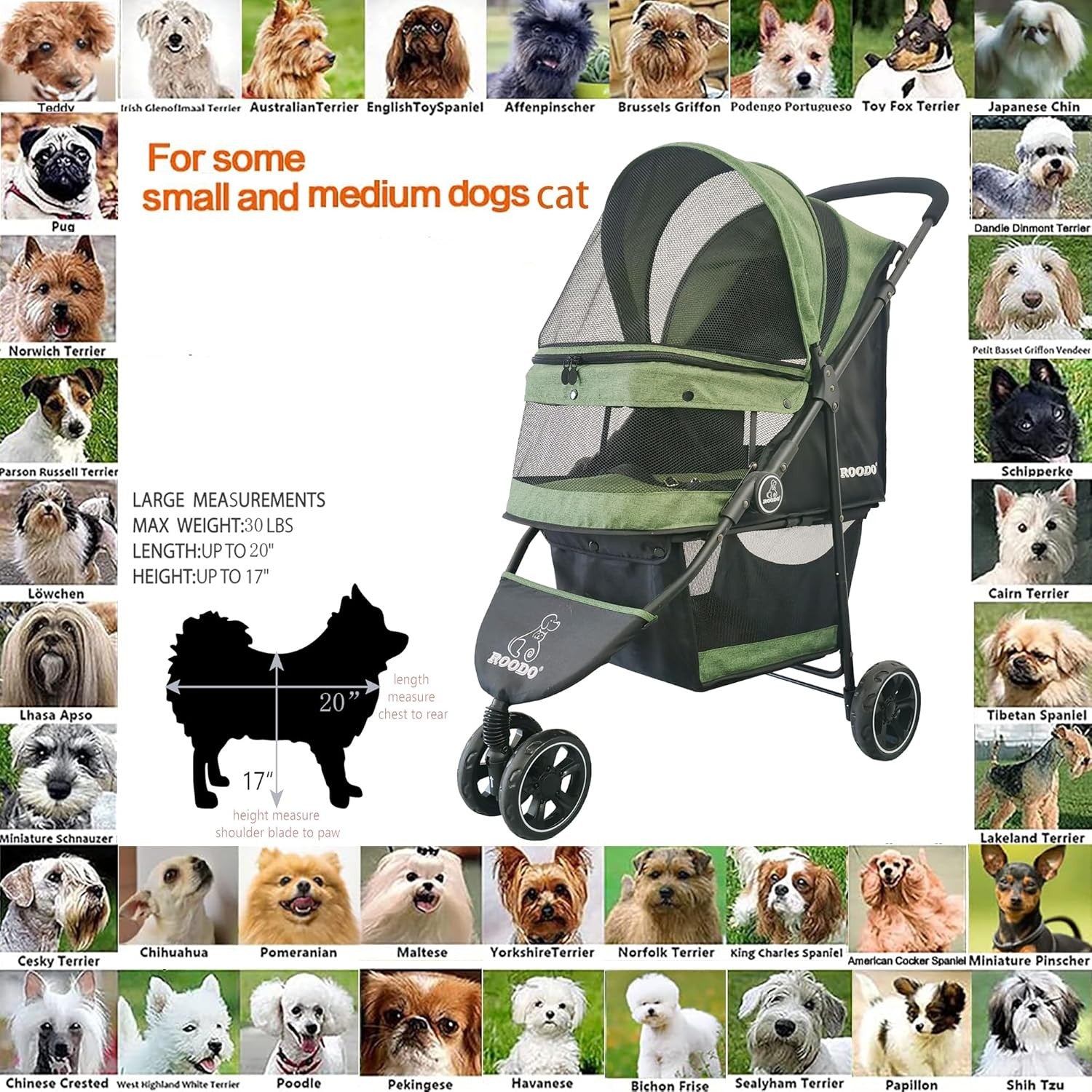 3 Wheel Pet Stroller Jogger Folding Lightweight Dogs Cats Green