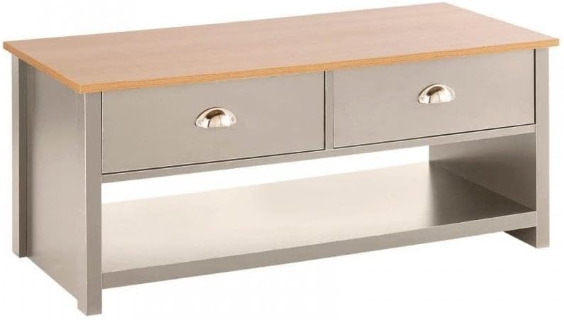 Modern Grey Coffee Table with Oak Effect Top & 2 Drawers Storage 100cm