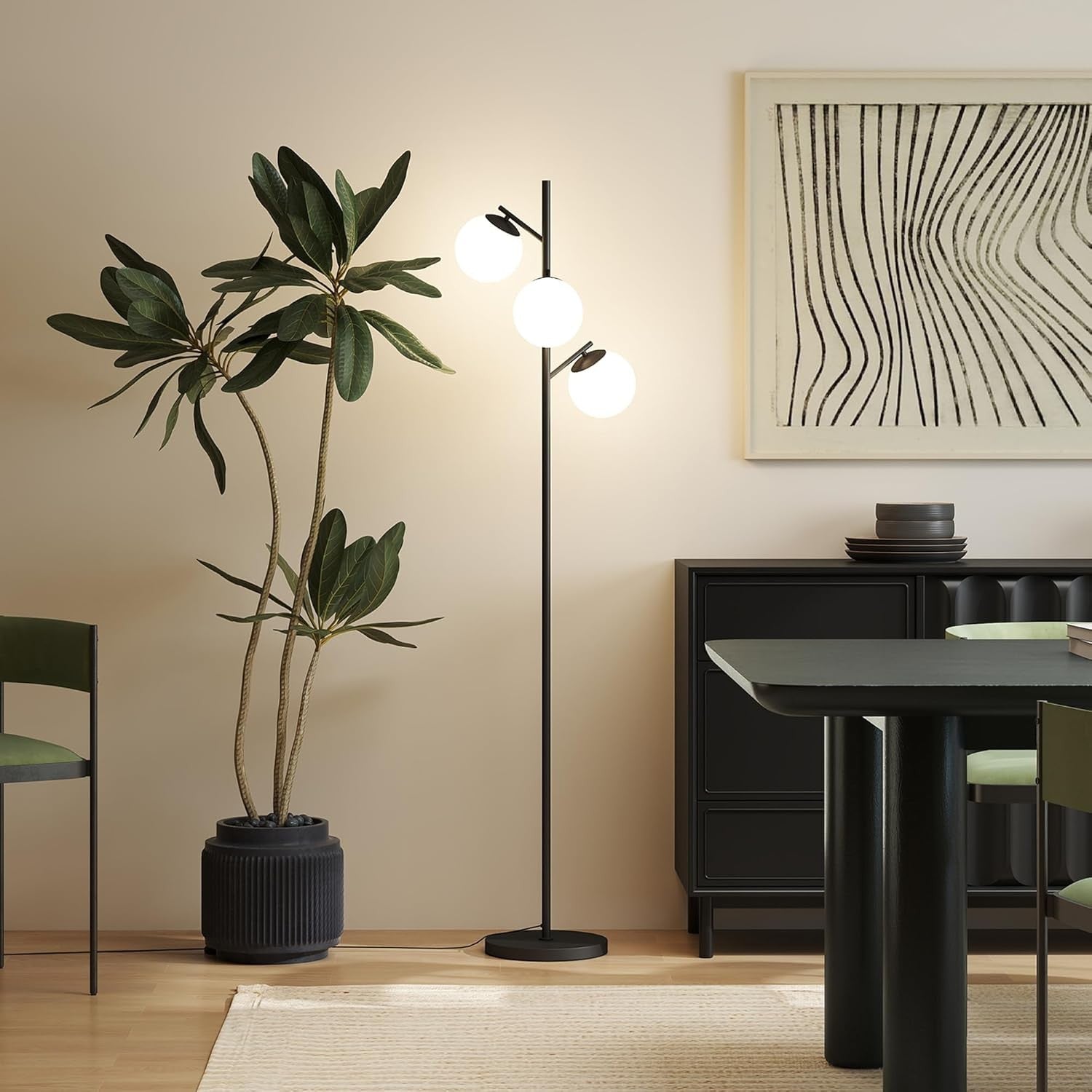 3 Light Tree Floor Lamp Black Modern Standing Lamp Globe Shades Living Room