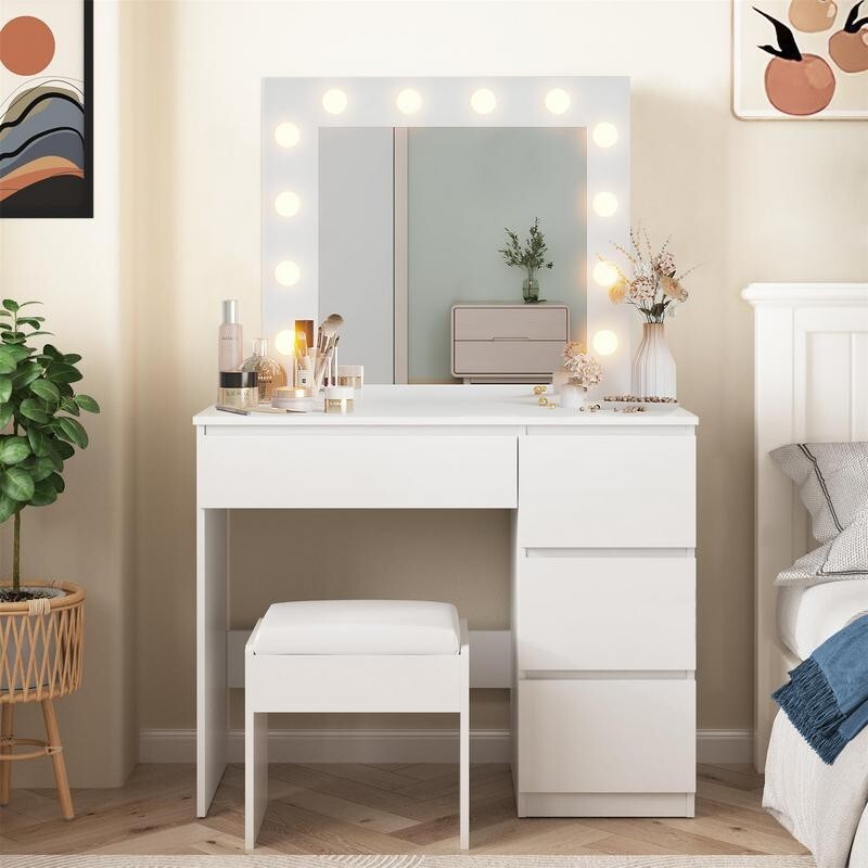White LED Vanity Dressing Table with Mirror & Stool Makeup Desk MDF