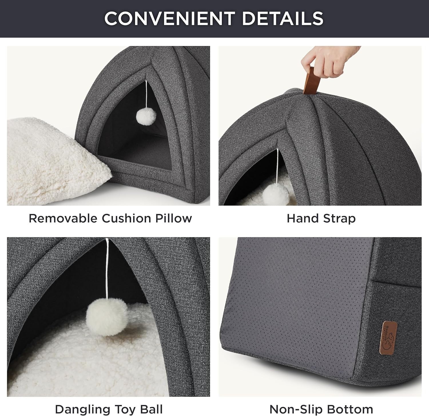 Large Cat Cave Bed 44cm Igloo Tent Washable Cushion Grey