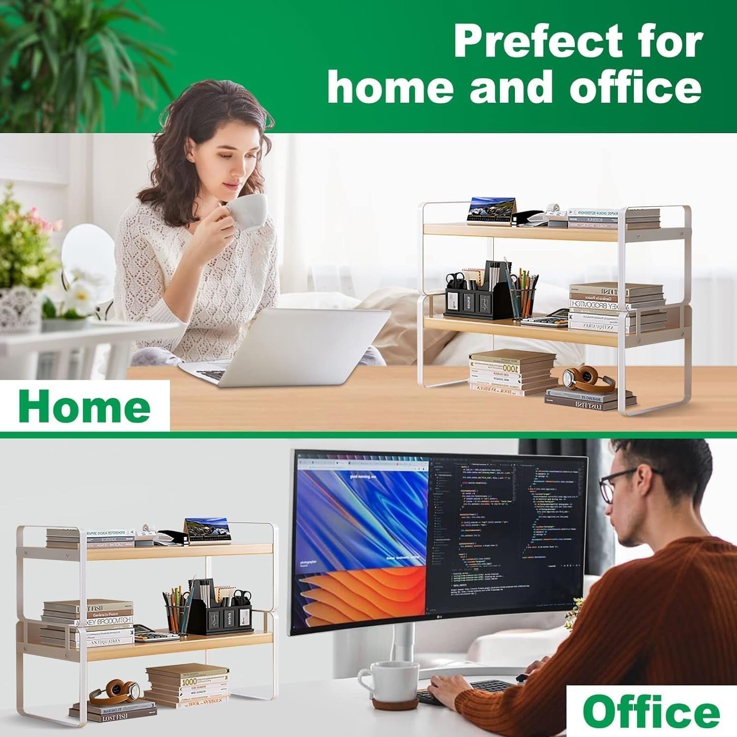 Adjustable Wood Desk Shelf – 2-Tier Office Organizer Rack for Supplies & Decor