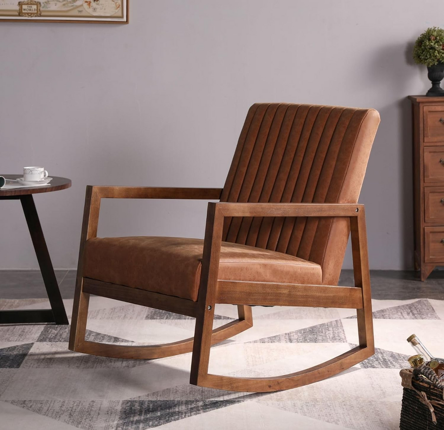 Retro PU Leather Rocking Chair Walnut Wood Frame Comfortable Reading Seat