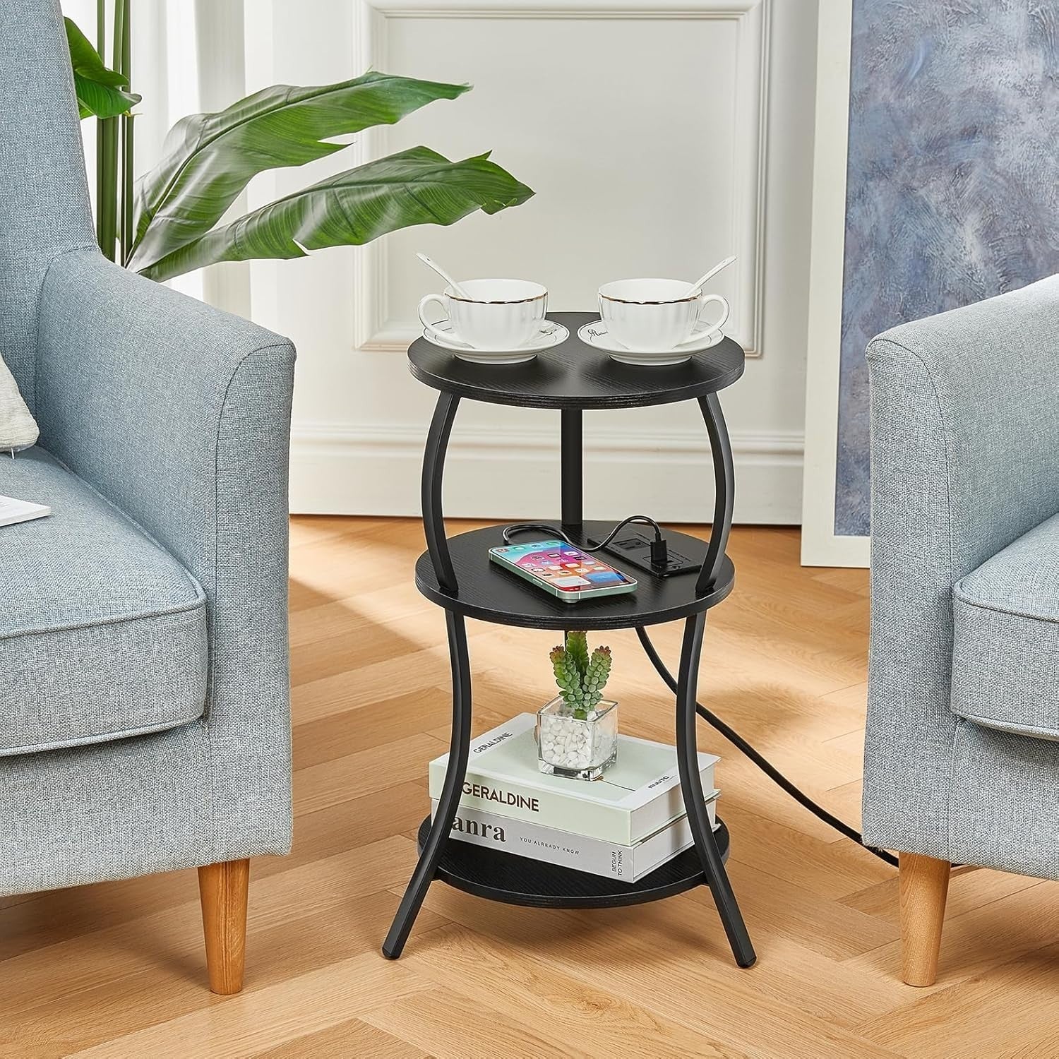 Black 3-Tier Round Side Table 30x30x55 cm | Slim End Table w/ USB & Storage
