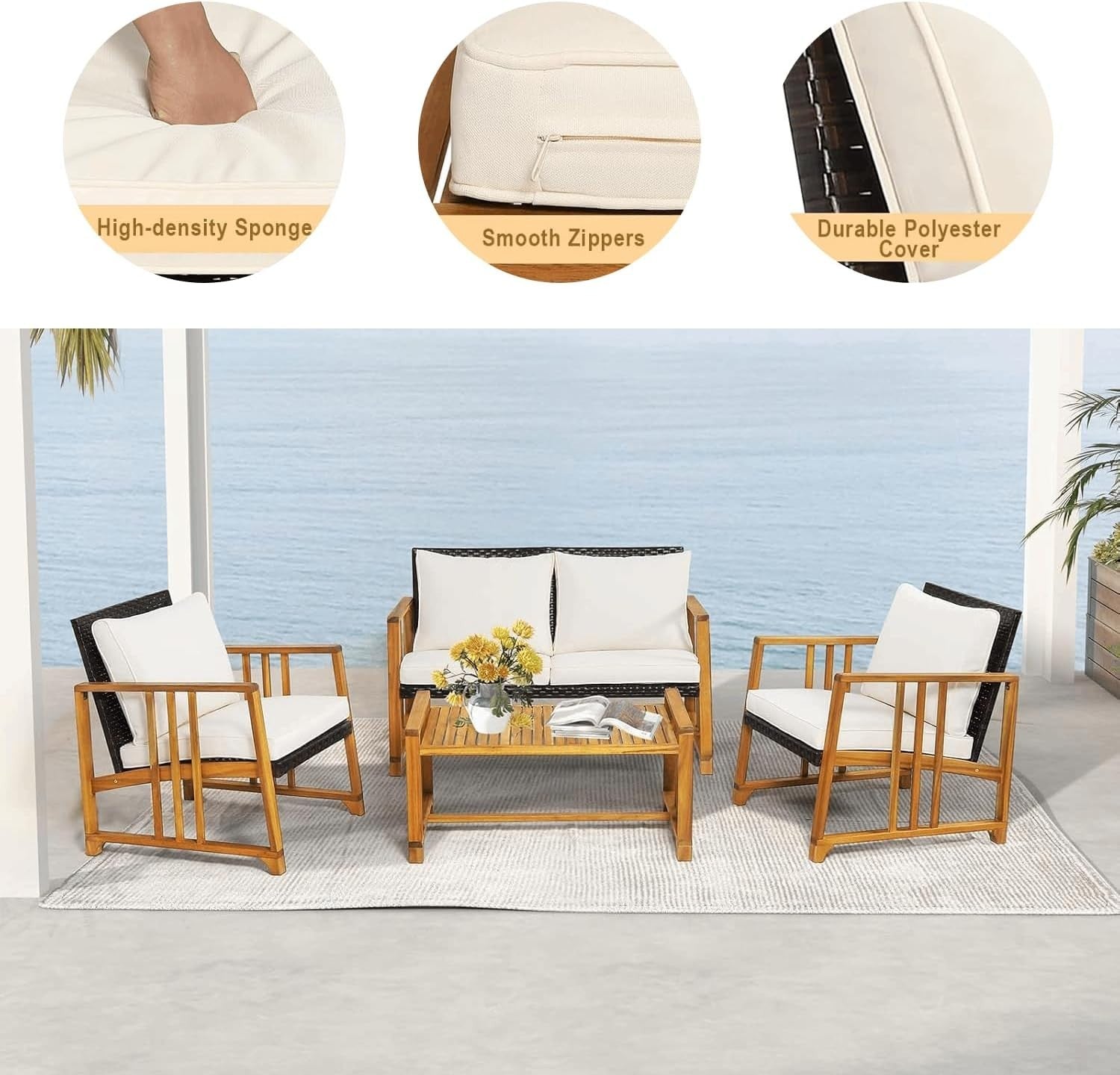 4 Piece Rattan Garden Sofa Set with Chairs Table Outdoor Patio Conversation