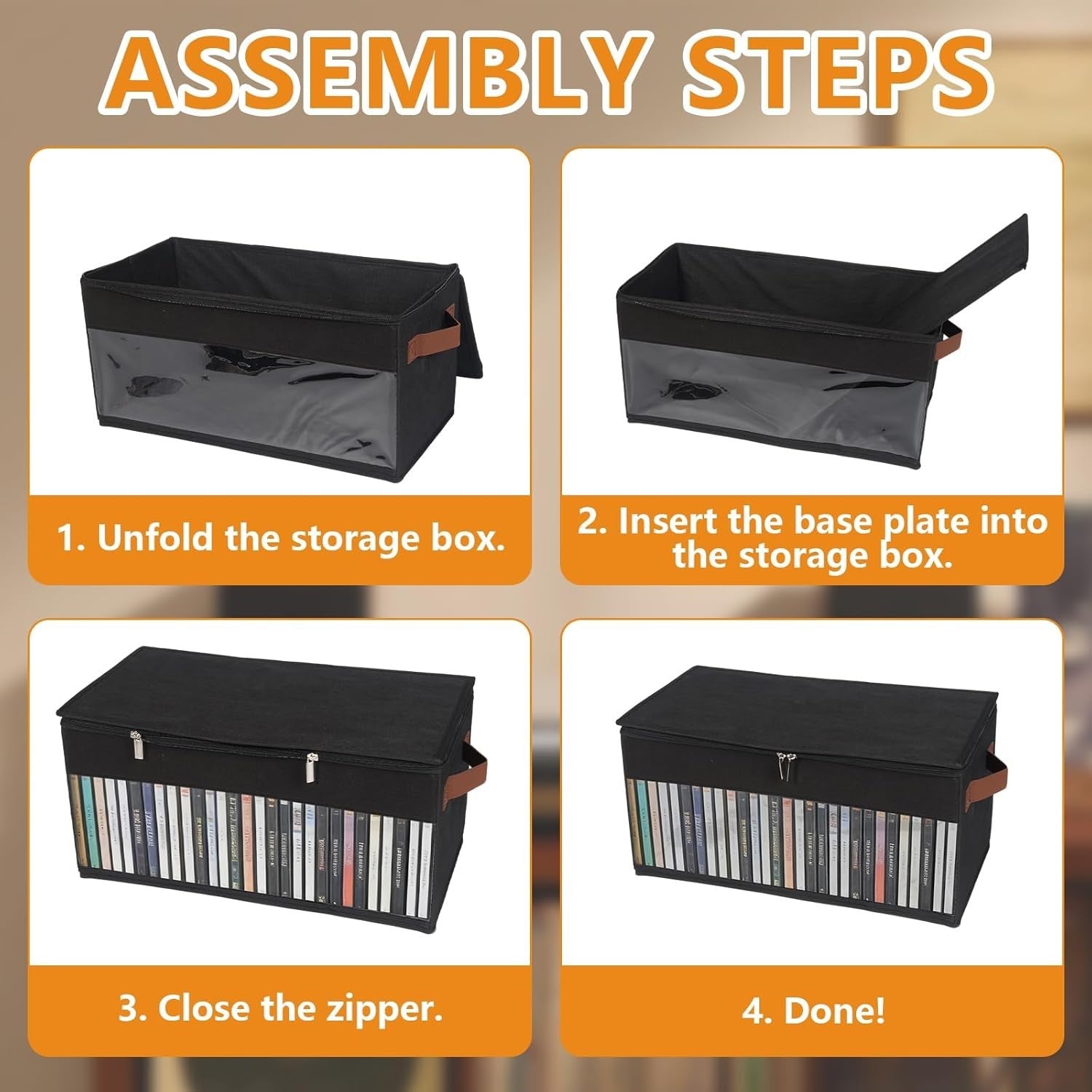 4 Pack DVD Storage Boxes with Zipper Lids Stackable Holds 200 DVDs