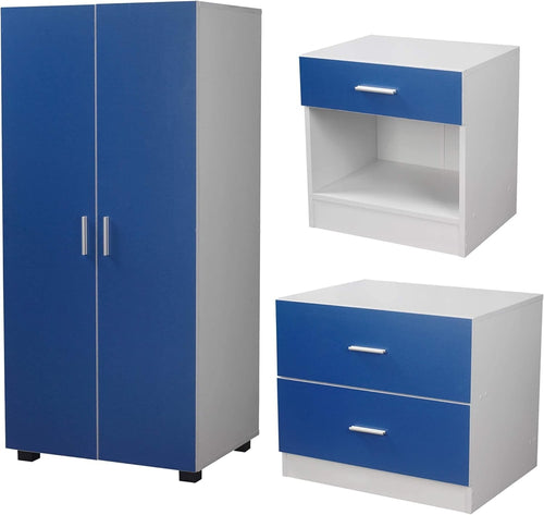 Kids 3pc Bedroom Set with Wardrobe, Chest & Bedside Table, Blue