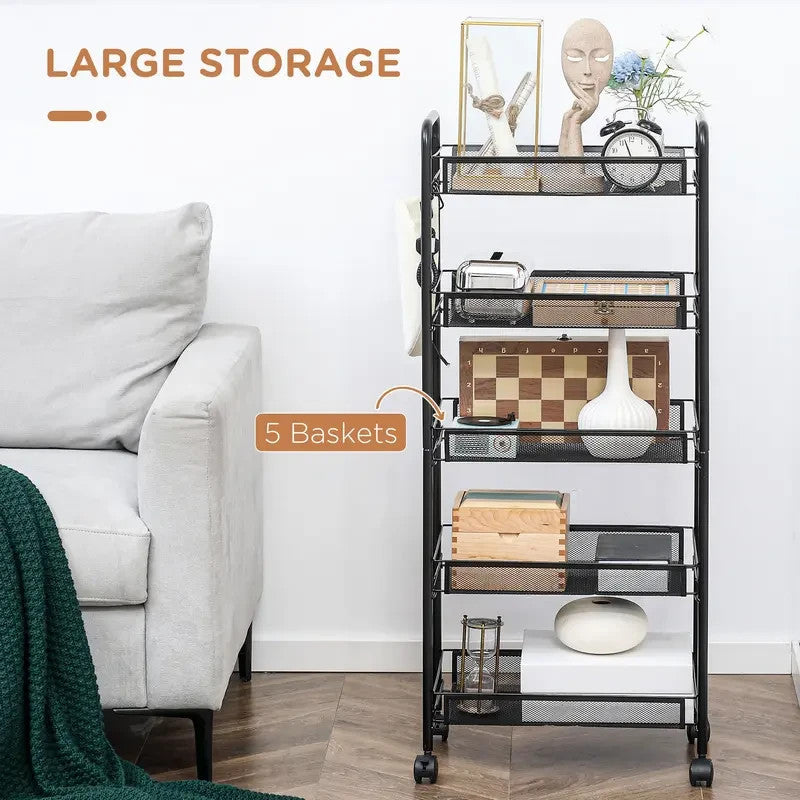 Black 5-Tier Rolling Storage Cart with Mesh Baskets & Lockable Wheels