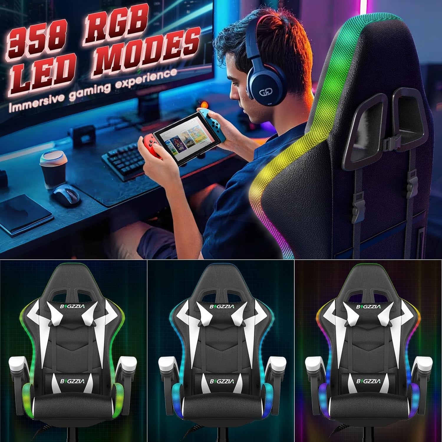 RGB LED Gaming Chair Reclining Ergonomic PU Leather Black