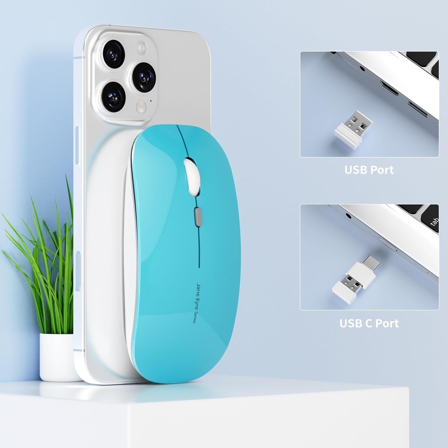 Rechargeable Wireless Mouse Silent Slim 2.4G 1600 DPI Blue