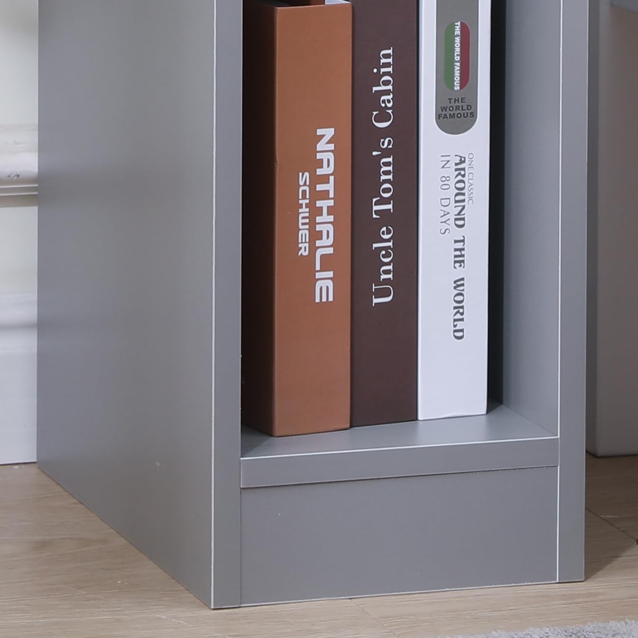 Slim Grey Bedside Table with Drawer & Shelf, Modern Narrow Nightstand Storage