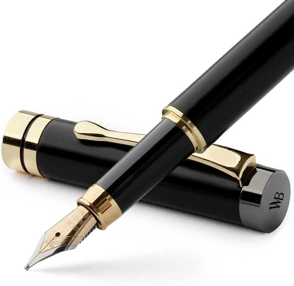 Black Wood Fountain Pen Set Medium Nib Black Ink Gift Case